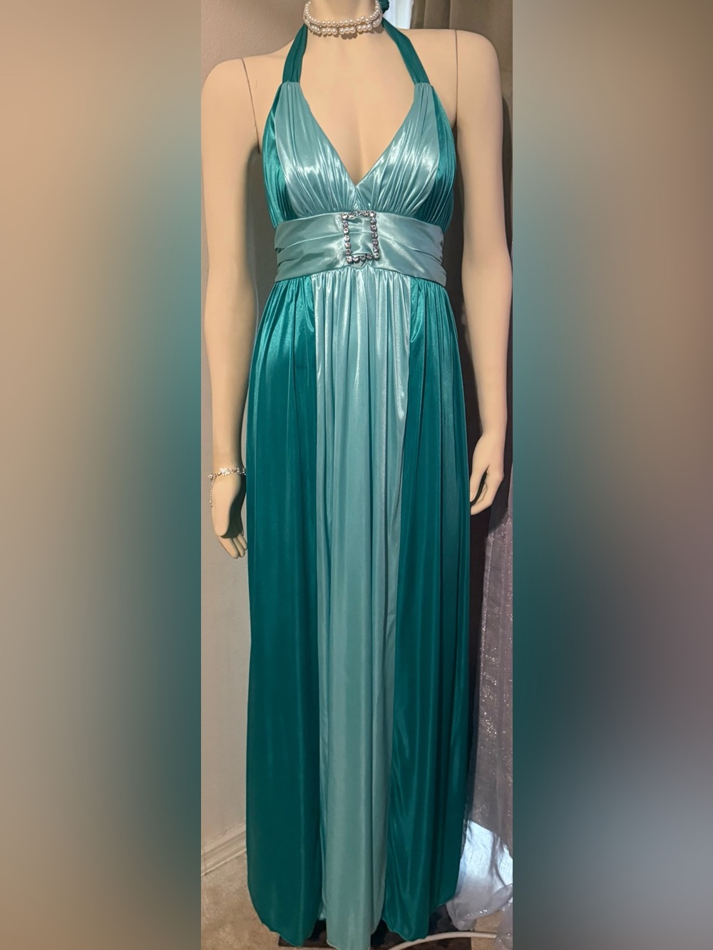Joseph Ribkoff Teal and Aqua Halter Evening Gown